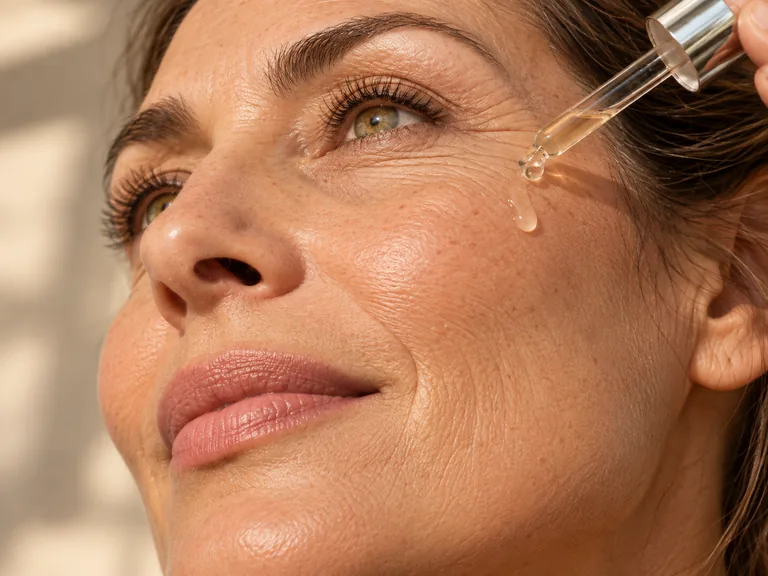 Detalle de piel madura con aceite cosmético aplicado mediante gotero