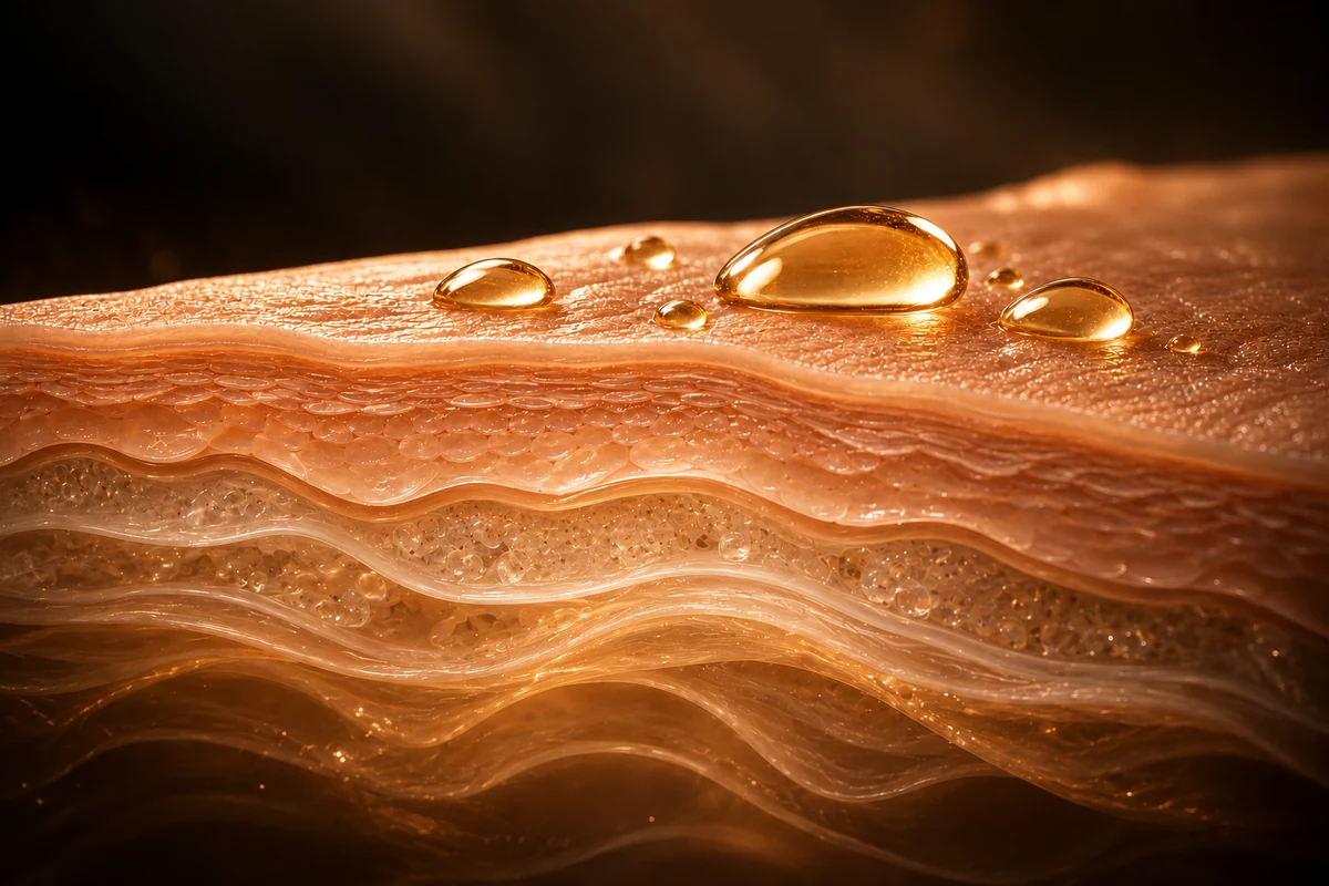 Representación científica editorial de la superficie y capas de la piel con gotas de aceite