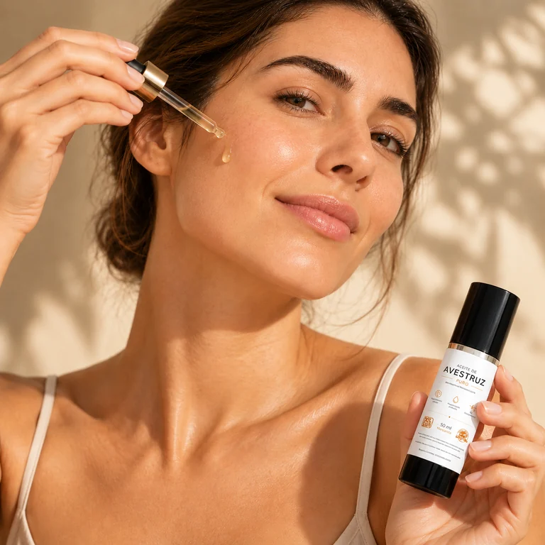 Mujer aplicando aceite de avestruz en el brazo como parte de su cuidado cosmético